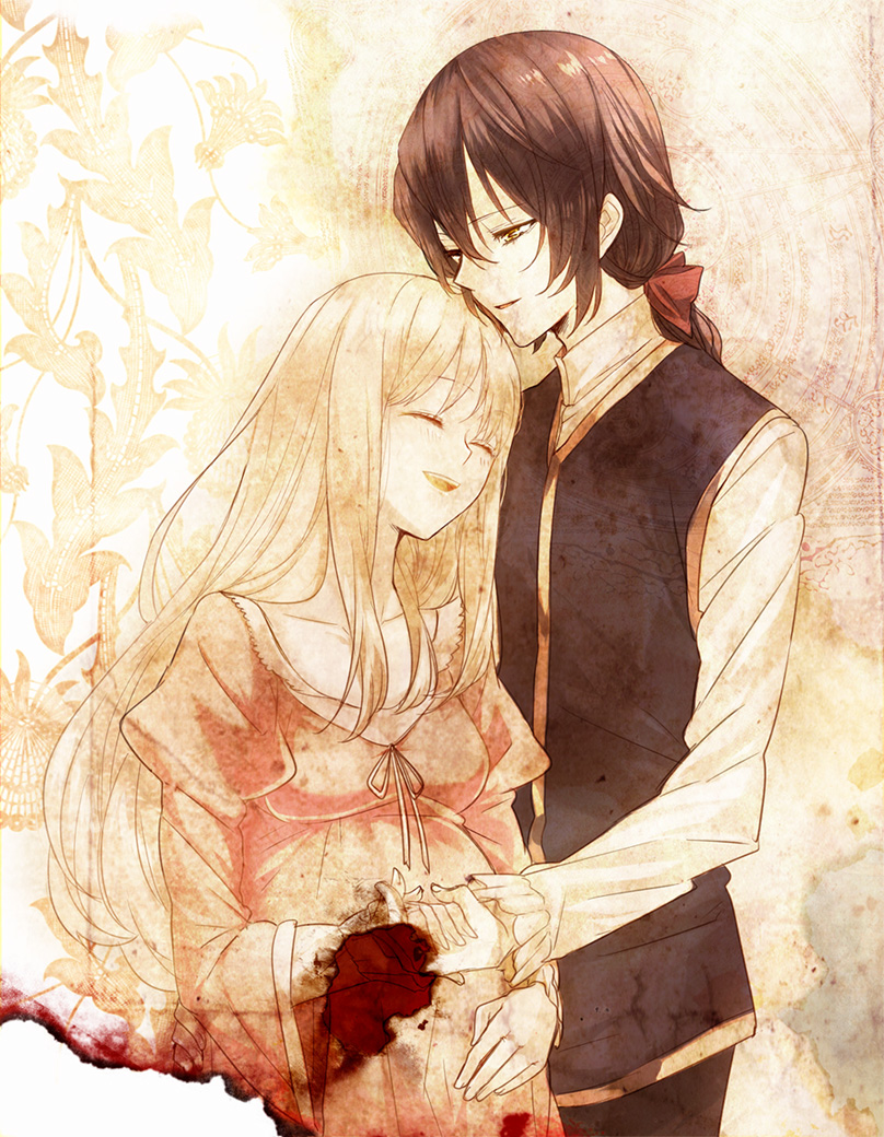 00s, 1boy, 1girl, baccano!, black_hair, blonde_hair, couple, dress, closed_eyes, holding_hands, hetero, huey_laforet, monica_campanella, nanamura, pregnant, yellow_eyes