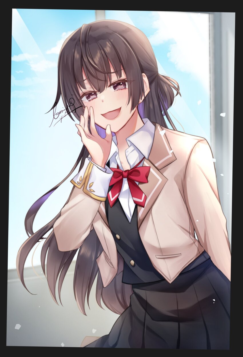 1girl, absurdres, black_skirt, blue_sky, brown_eyes, brown_hair, commentary_request, cowboy_shot