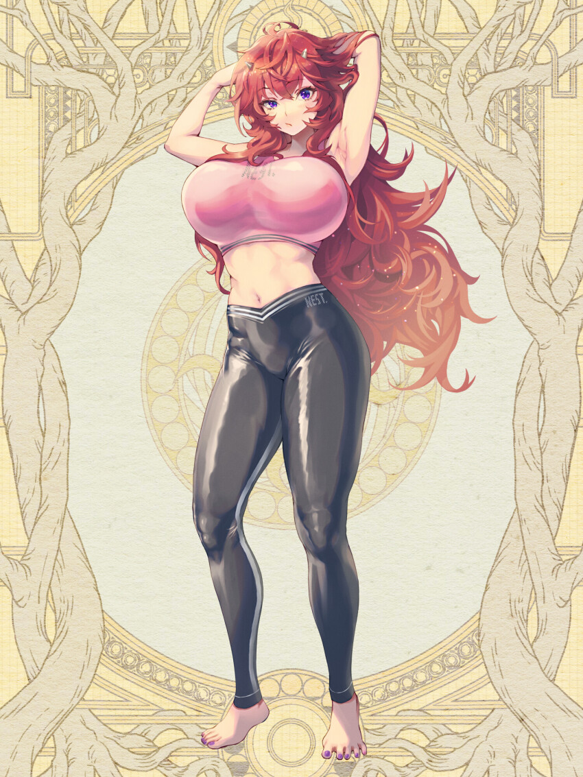 1girl, armpits, arms_up, barefoot, black_pants, breasts, dairoku_ryouhei, fran_stilleto