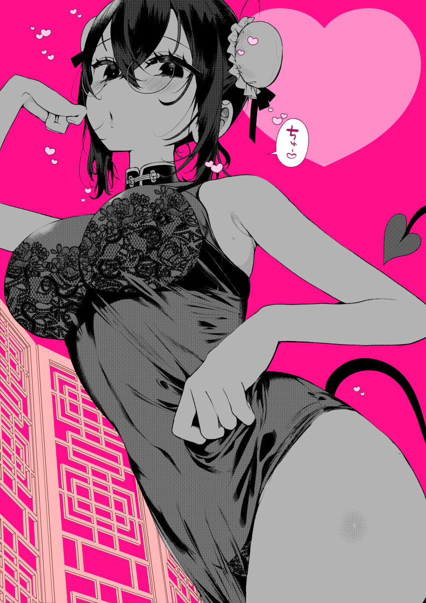 1girl, absurdres, breasts, bun_cover, character_request, commentary_request, covered_navel, demon_tail