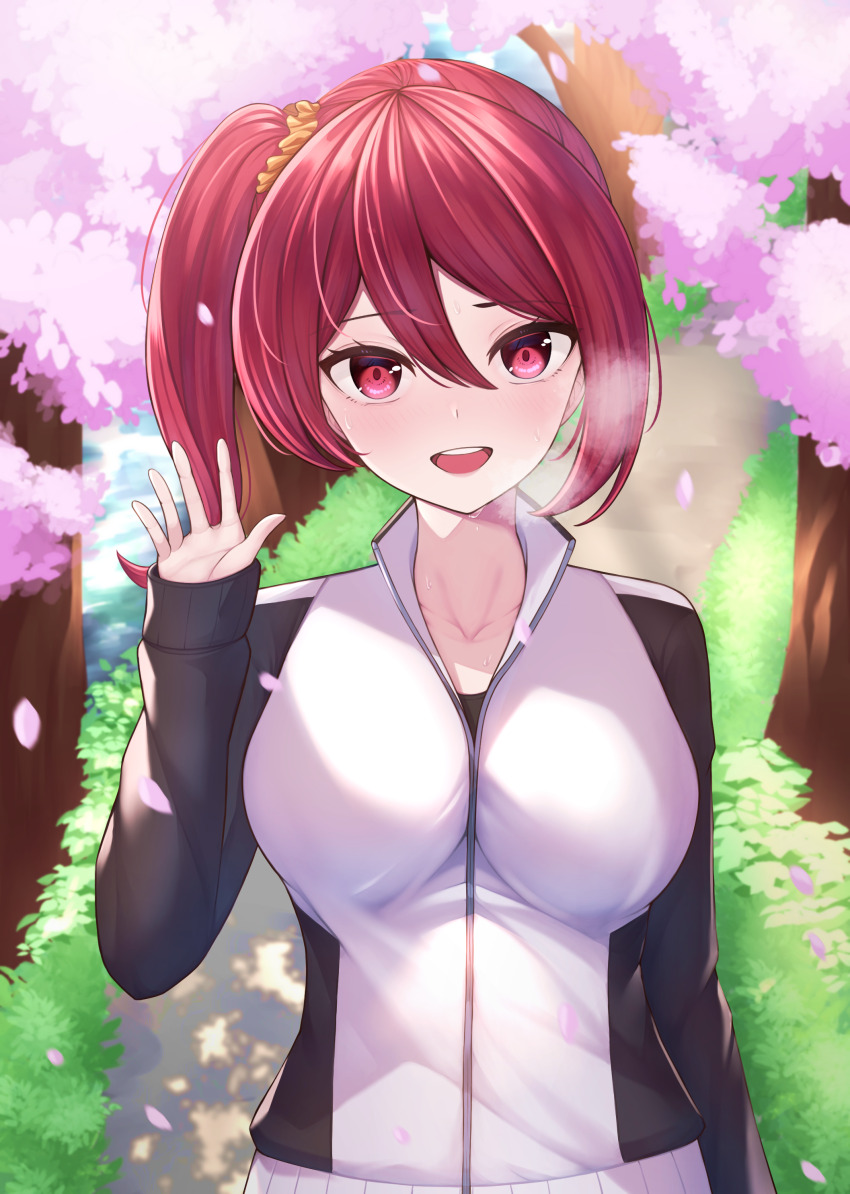 1girl, absurdres, black_jacket, black_shirt, cherry_blossoms, commentary_request, hair_between_eyes, hair_ornament, hair_scrunchie, hasshaku_fumiko, highres, jacket, jikkyou_powerful_pro_yakyuu, kazama_ran, multicolored_jacket, open_mouth, orange_scrunchie, outdoors, petals, pink_petals, power_pro_appli, red_eyes, red_hair, scrunchie, shirt, side_ponytail, solo, spring_(season), teeth, track_jacket, upper_body, upper_teeth_only, white_jacket
