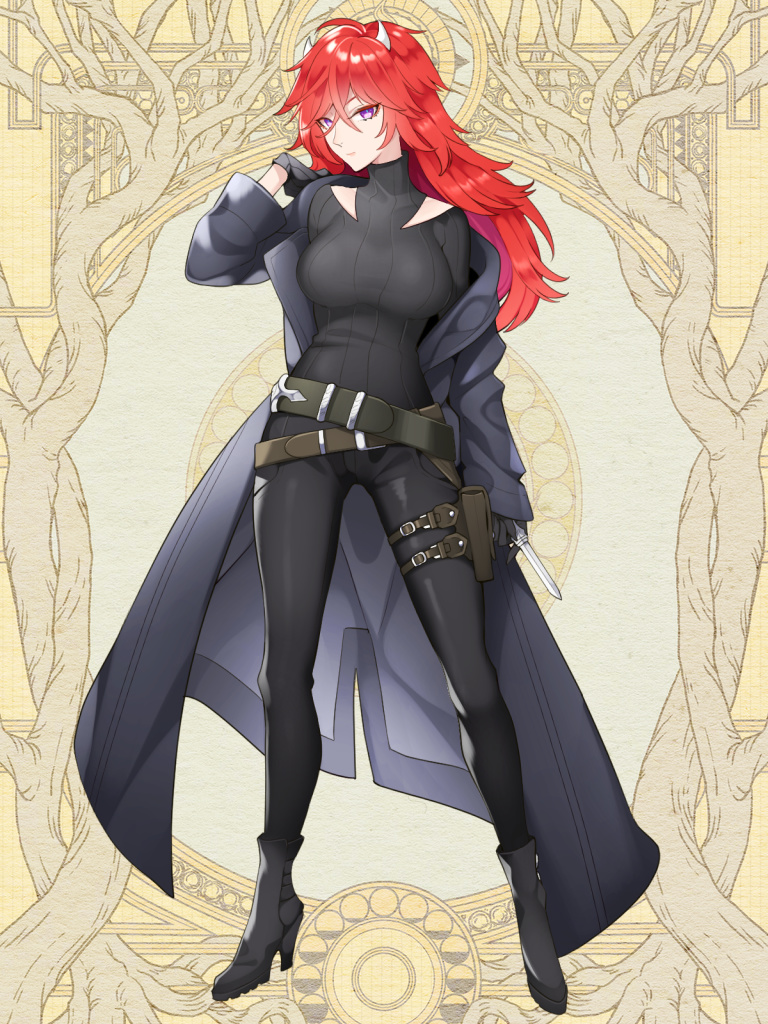 1girl, belt, black_bodysuit, black_gloves, bodysuit, breasts, coat, dairoku_ryouhei