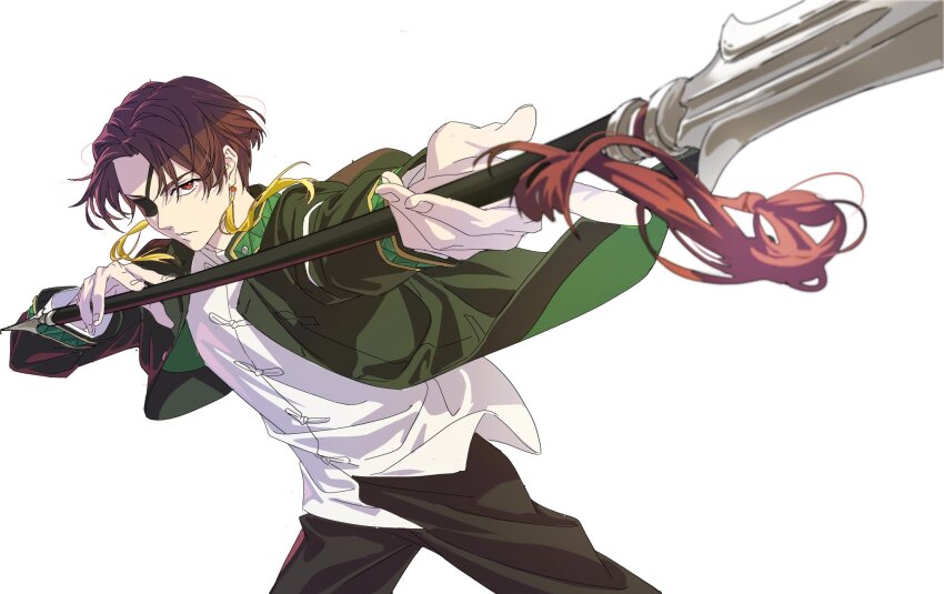 1boy, black_pants, chinese_clothes, closed_mouth, earrings, eyepatch, furin_high_school_uniform, green_jacket