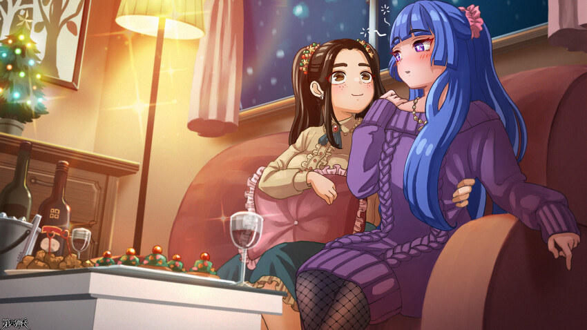 2girls, alcohol, black_hair, blue_hair, blush, brown_eyes, cable_knit, christmas_tree, couch, dairoku_ryouhei, drunk, fishnet_pantyhose, fishnets, food, freckles, highres, indoors, ishikahonori_koto, jewelry, lamp, long_hair, multiple_girls, necklace, night, pantyhose, pillow, satou_momonnyo, sitting, smile, sweater, table, tongs, window, yukari_ai, yuri