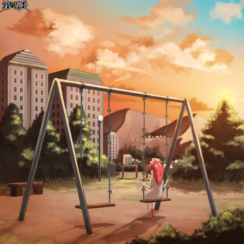 1girl, aged_down, building, dairoku_ryouhei, facing_away, fran_stilleto, grey_shirt, lamppost