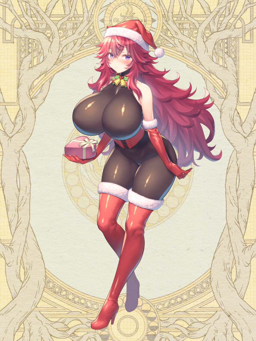 1girl, akito_akaishi, bell, black_bodysuit, bodysuit, boots, box, breasts