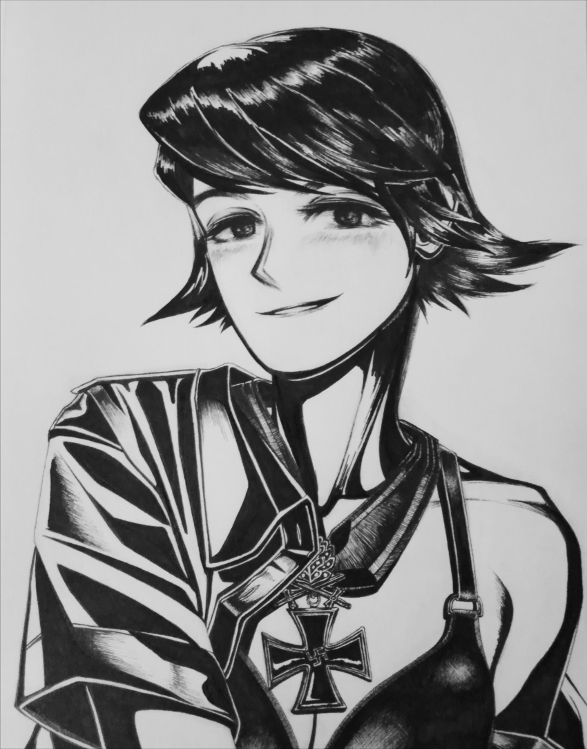 1girl, absurdres, black_bra, blush, bordfunker133, bra, breasts, cross