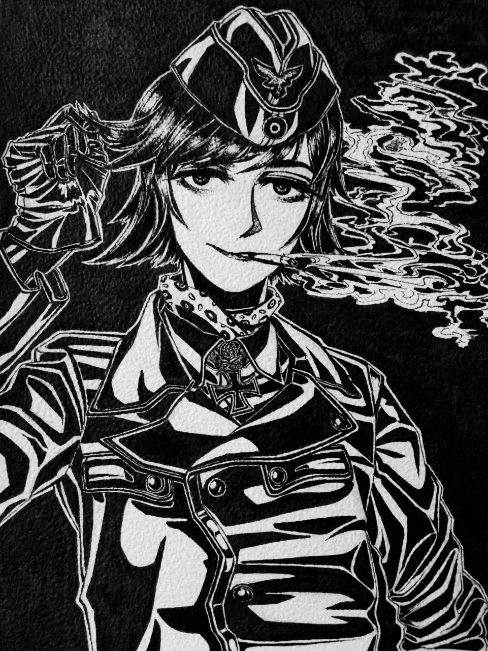 1girl, belt, bordfunker133, cigarette, cross, german_text, gloves, greyscale