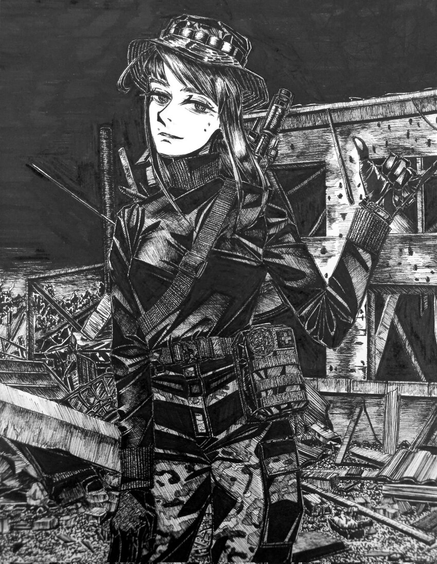 1girl, ak-74, assault_rifle, belt, high-waist_belt, belt_pouch, black_gloves, bonnet