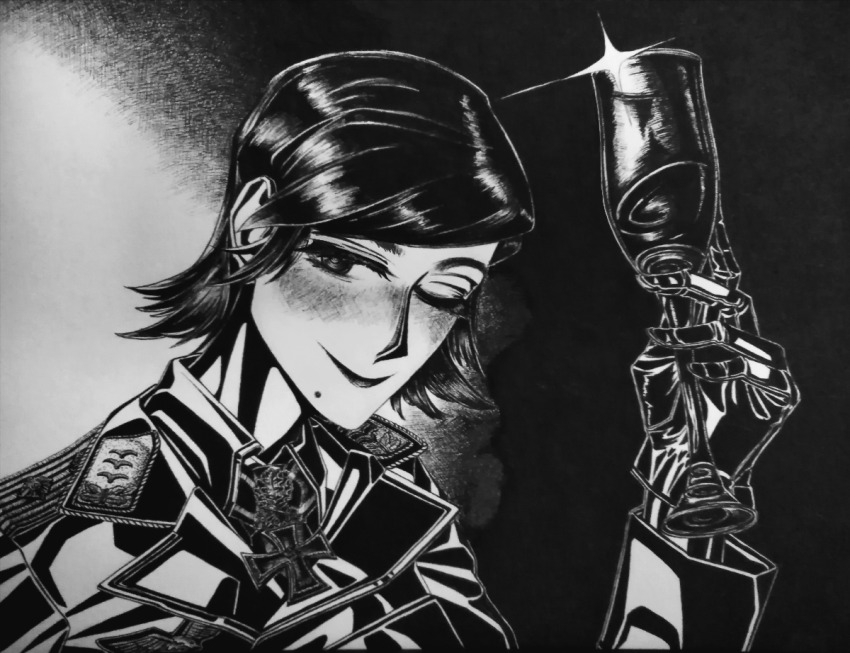 1girl, belt, bordfunker133, cross, cup, german_text, gloves, greyscale