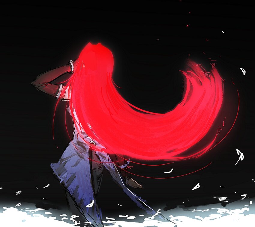 1girl, aozaki_aoko, bracelet, commentary, elbow_gloves, floating_hair, from_behind, gloves, glowing, glowing_hair, highres, jewelry, long_hair, lurmturm, mahou_tsukai_no_yoru, red_hair, simple_background, super_aoko, very_long_hair