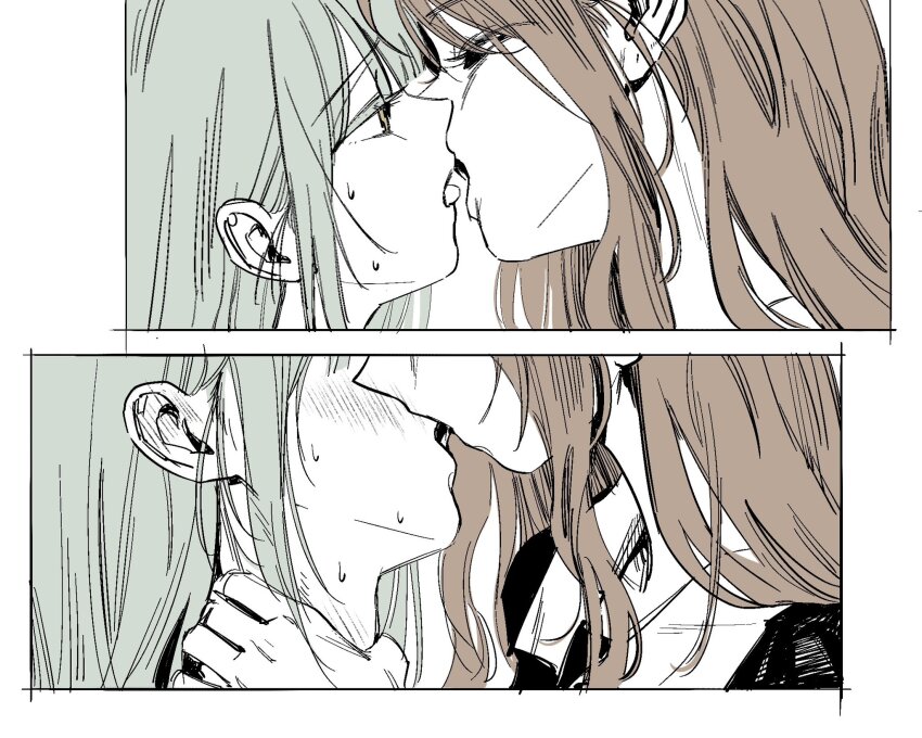 12thfog, 2girls, bang_dream!, bang_dream!_it's_mygo!!!!!, blush, brown_hair, ear_blush, french_kiss