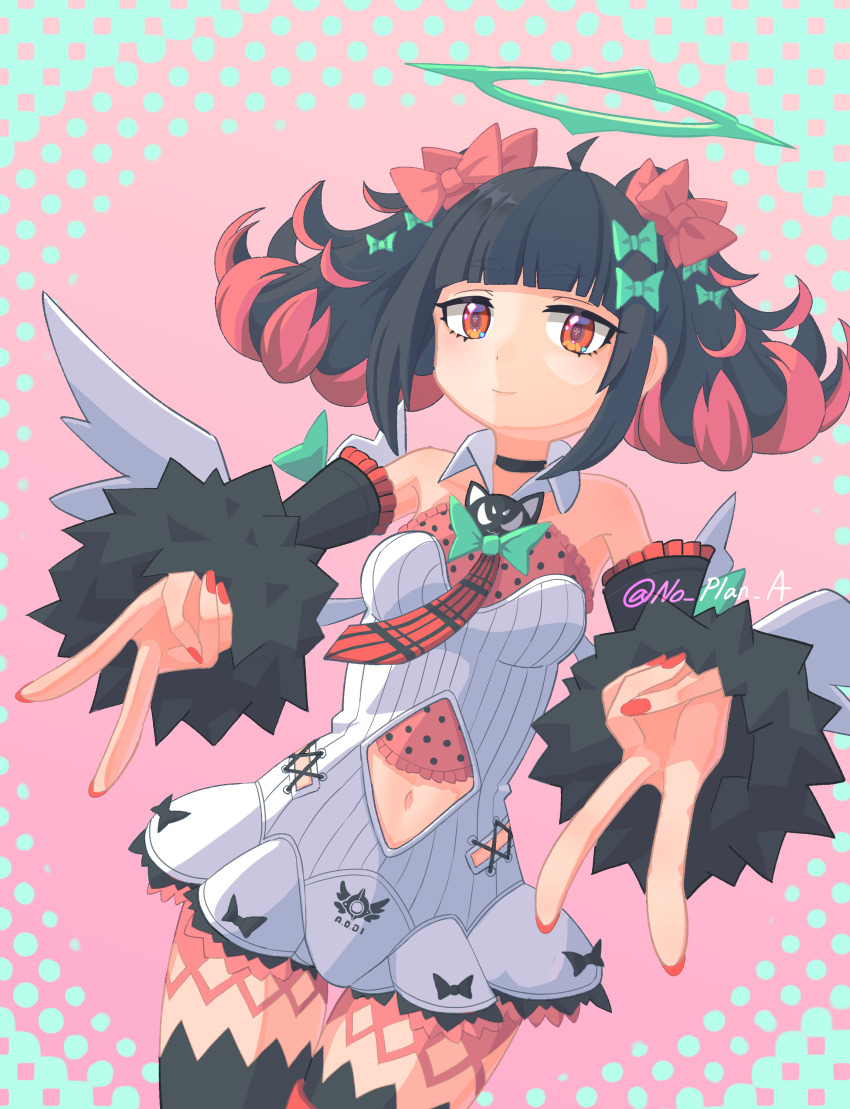absurdres, bare_shoulders, black_choker, black_hair, black_thighhighs, bow, breasts, choker, clothing_cutout, colored_inner_hair, commentary_request, double_v, dress, green_bow, hair_bow, hair_ornament, halo, highres, looking_at_viewer, multicolored_hair, nangong_yu, navel_cutout, necktie, no_plan_a, pink_hair, red_eyes, red_nails, shirt, small_breasts, smile, thighhighs, twintails, twitter_username, v, white_dress, wings, zenless_zone_zero