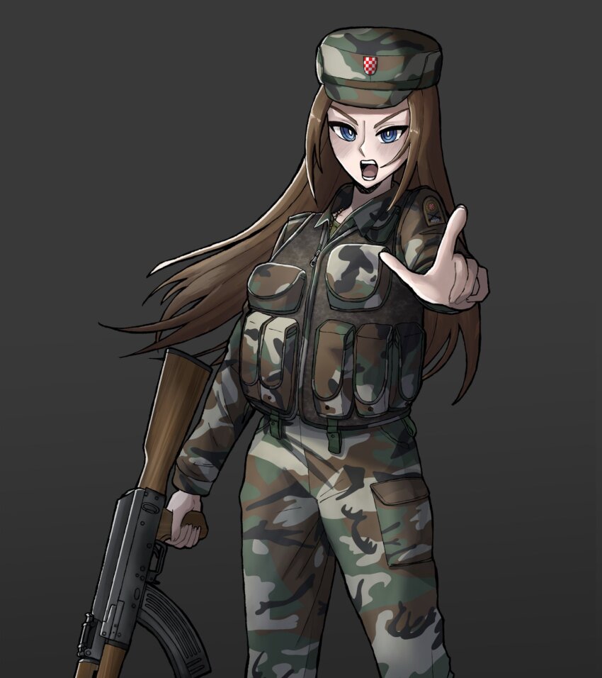 assault_rifle, blue_eyes, bosnia_and_herzegovina, brown_hair, camouflage, commentary, croatia, english_commentary