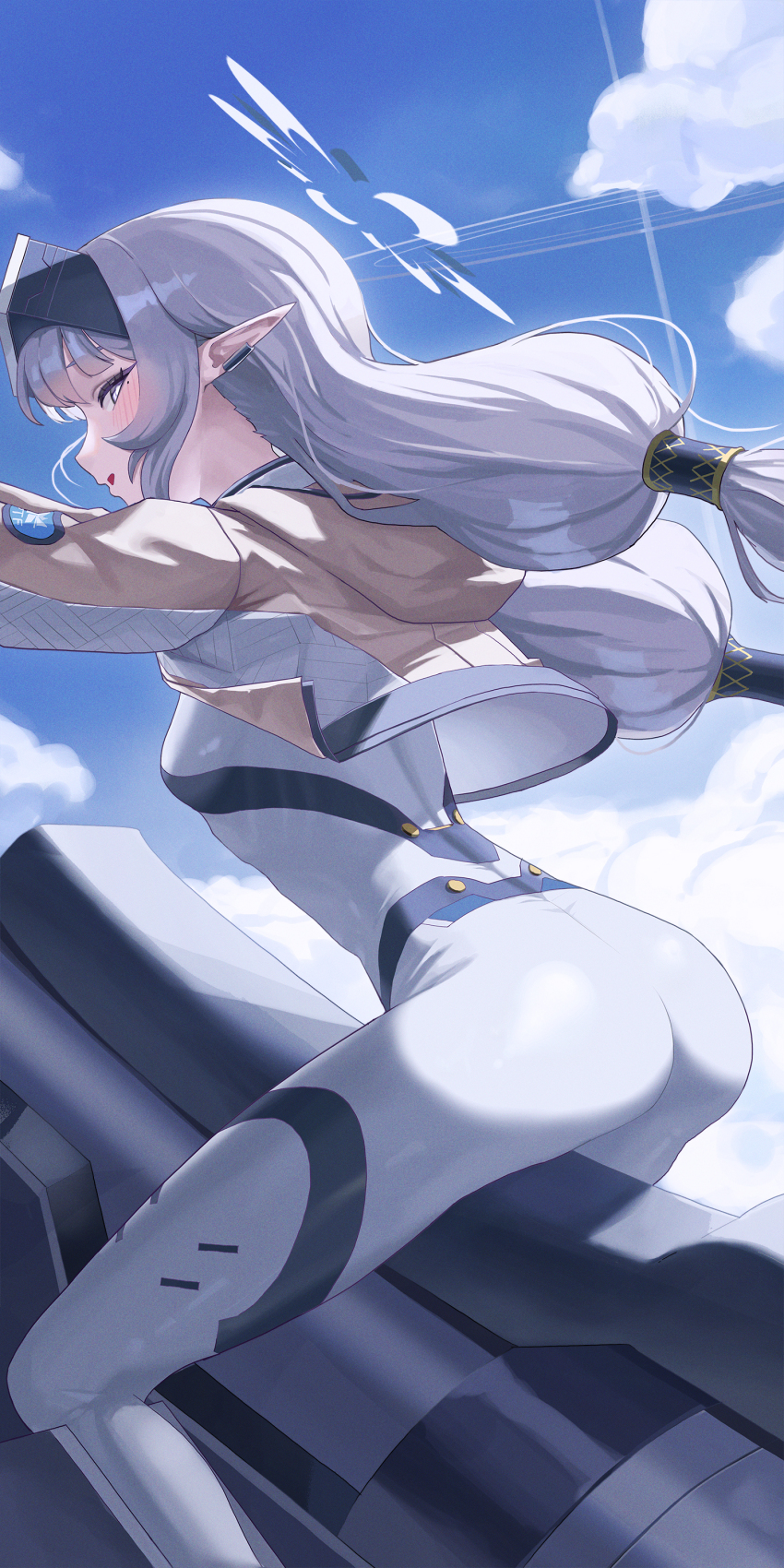 1girl, absurdres, ass, battlesuit, blue_archive, blue_sky, bodysuit, breasts
