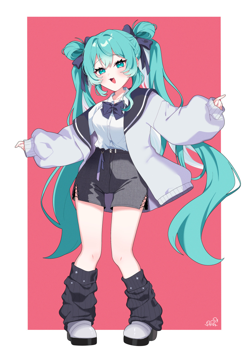 1boy, 252_eyo, absurdres, aqua_eyes, aqua_hair, black_bow, black_bowtie, black_leg_warmers