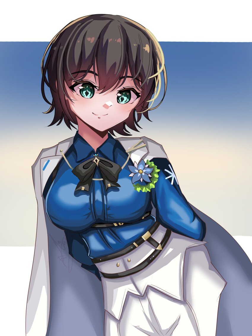 1girl, absurdres, aoi_erika, aoi_erika_(connect_legacy), black_bow, black_bowtie, black_hair, blue_eyes