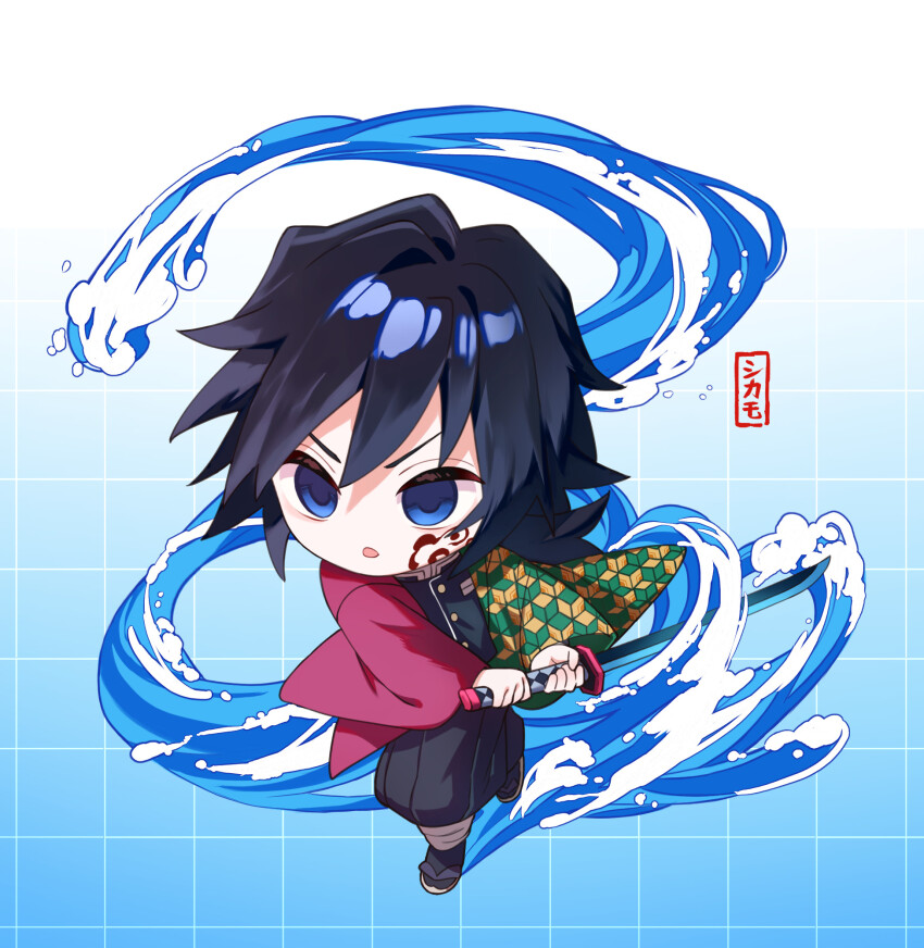 1boy, axokim, black_hair, black_jacket, black_pants, black_socks, blue_eyes, buttons