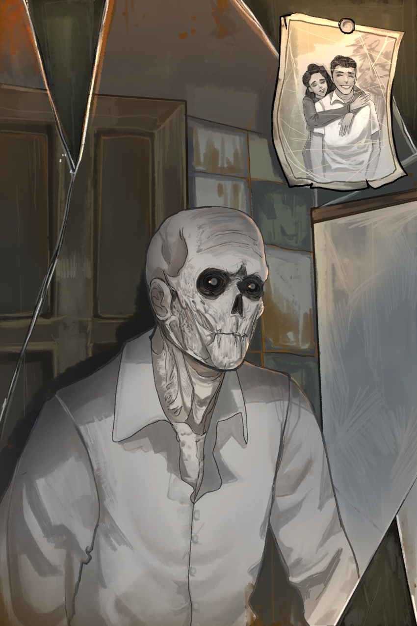 1boy, 1girl, absurdres, black_eyes, black_sclera, broken_mirror, colored_sclera, commentary