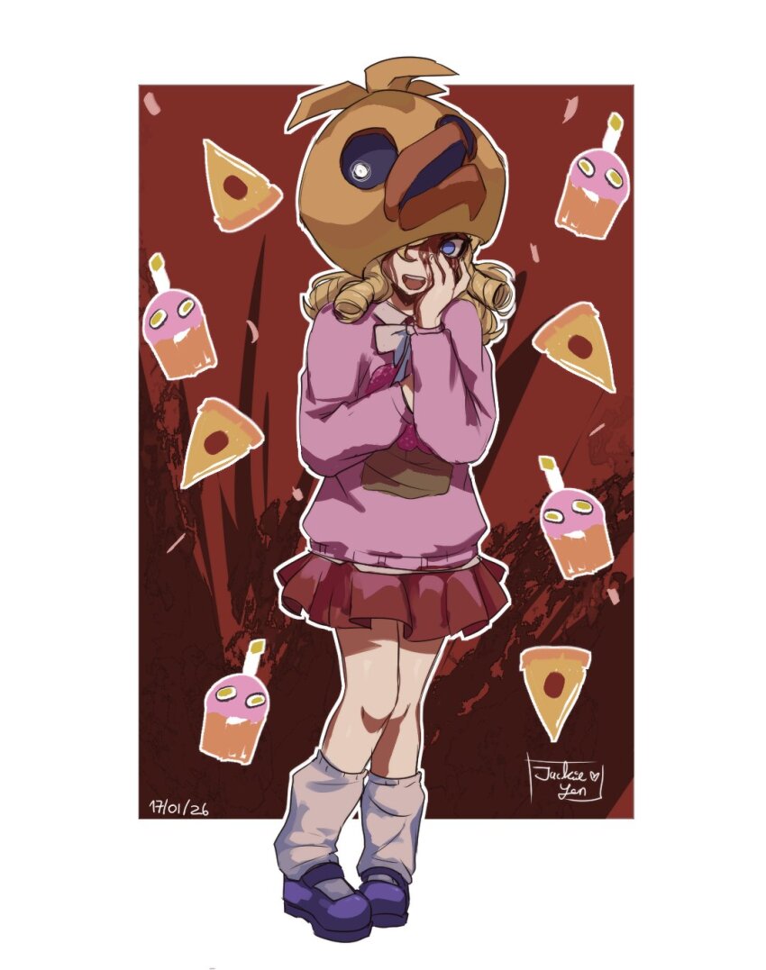 1girl, blonde_hair, blood, blood_on_face, blue_eyes, chica, child, commentary, cupcake, cupcake_(fnaf), five_nights_at_freddy's, food, hand_on_own_face, highres, jackie_yenii, loose_socks, medium_hair, open_mouth, pink_shirt, pizza, pizza_slice, shirt, skirt, socks, solo, susie_(fnaf)