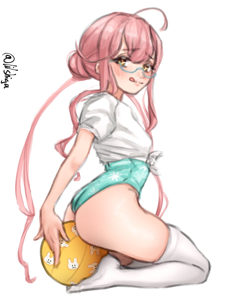 1girl, :3, ahoge, ass, ball, beachball, between_buttocks, blue_one-piece_swimsuit, blush, commentary, crop_top, floral_print, from_behind, glasses, hair_between_eyes, highres, kantai_collection, kneeling, licking_lips, lilshigu, long_hair, looking_at_viewer, makigumo_(kancolle), makigumo_(swimsuit)_(kancolle), official_alternate_costume, one-hour_drawing_challenge, one-piece_swimsuit, pink_hair, shirt, short_sleeves, sidelocks, simple_background, skindentation, solo, swimsuit, thighhighs, thighs, tied_shirt, tongue, tongue_out, turning_head, twitter_username, very_long_hair, white_background, white_shirt, white_thighhighs, yellow_eyes