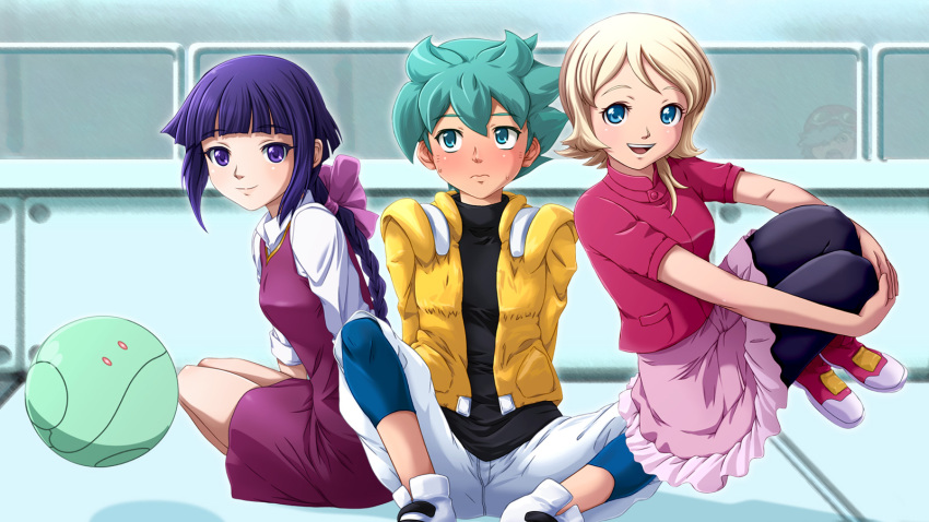 10s, 2boys, 2girls, aqua_eyes, aqua_hair, blonde_hair, blue_eyes, blush, bow, braid, dique_gunhale, dress, emily_armond, flit_asuno, gundam, gundam_age, hair_bow, haro, highres, hugging_own_legs, long_hair, multiple_boys, multiple_girls, ponytail, purple_eyes, purple_hair, robot, shorts, single_braid, sitting, skirt, smile, sweat, yokozuwari, yume_robo, yurin_leciel, zero_gravity