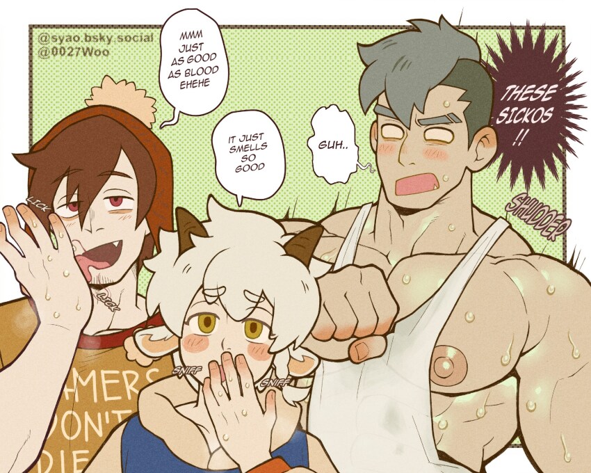 3boys, all_saints_street, animal_ears, bara, beanie, brown_hair, commentary, damao_(all_saints_street)