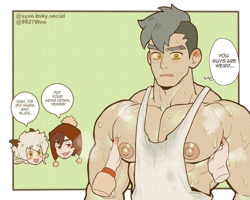 3boys, all_saints_street, animal_ears, bara, beanie, brown_hair, commentary, damao_(all_saints_street)