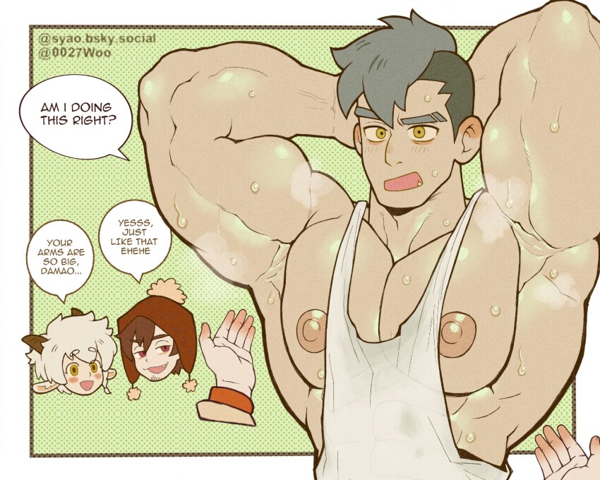 3boys, all_saints_street, animal_ears, armpits, arms_behind_head, bara, beanie, brown_hair