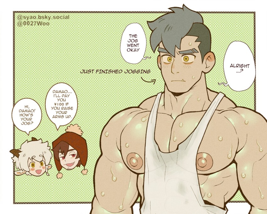 3boys, all_saints_street, animal_ears, bara, beanie, brown_hair, commentary, damao_(all_saints_street)