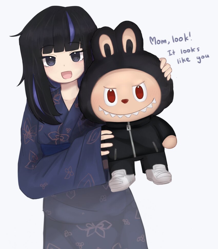 1girl, :d, animal_ears, araya_(project_moon), black_hair, black_jacket, black_pants, blue_kimono