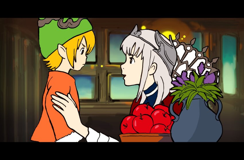 1boy, 1girl, apple, bad_id, bad_pixiv_id, blonde_hair, dwarf_(grimms_notes), evil_queen_(grimms_notes)