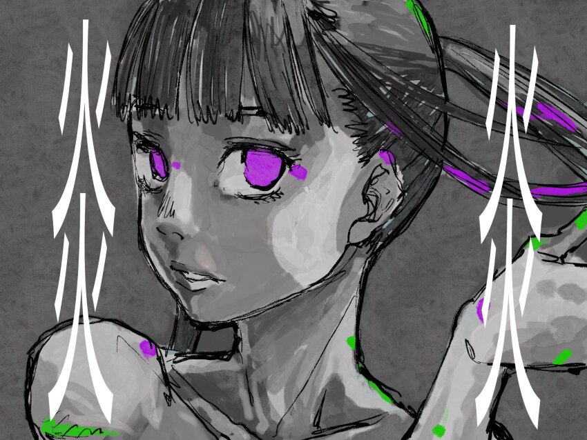 1girl, bare_shoulders, en'en_no_shouboutai, green_paint, grey_background, highres, maki_oze, monochrome