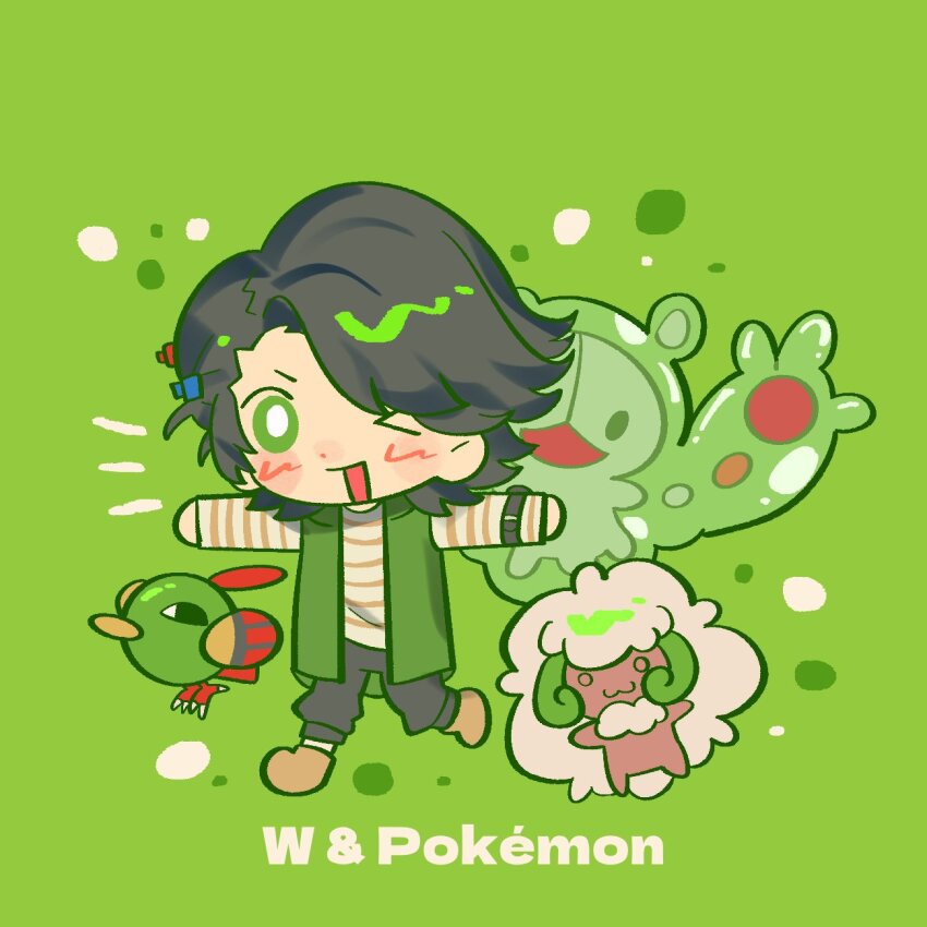 1boy, 2786867956wuyu, black_pants, bright_pupils, chinese_commentary, commentary, crossover, gen_2_pokemon, gen_5_pokemon, green_background, green_eyes, highres, kamen_rider, kamen_rider_w, looking_at_viewer, male_focus, natu, nintendo, notice_lines, one_eye_closed, open_mouth, outstretched_arms, pants, parted_hair, philip_(kamen_rider), pokemon, pokemon_(creature), reuniclus, short_hair, simple_background, smile, striped_clothes, watch, whimsicott, white_pupils, wristwatch