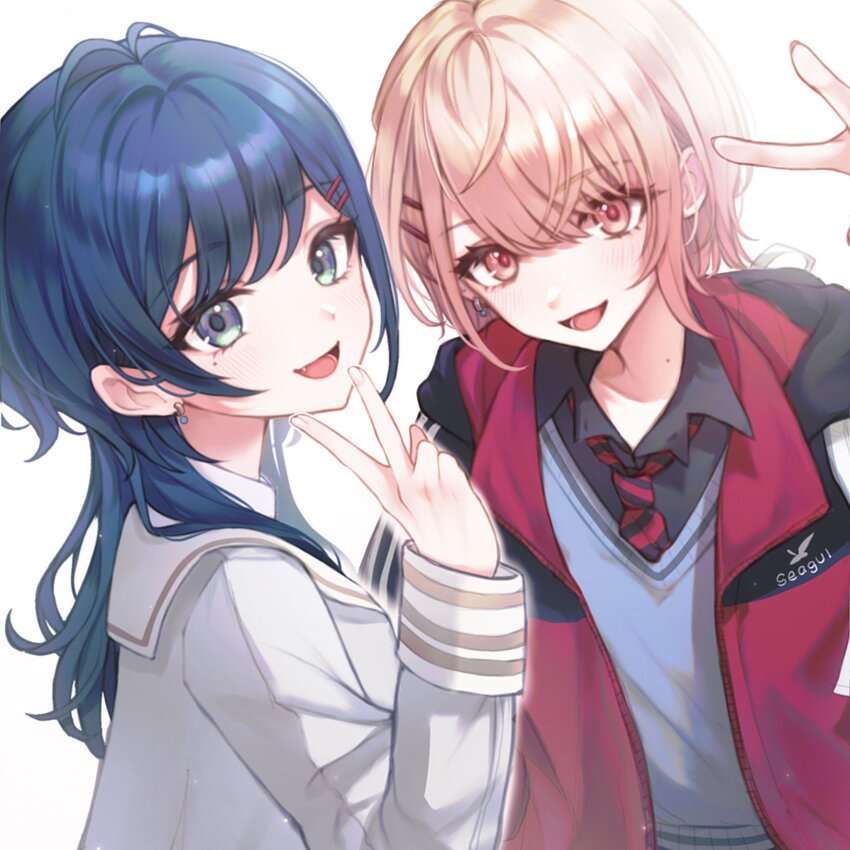 2girls, :d, black_shirt, blonde_hair, blue_hair, collared_shirt, earrings, fang