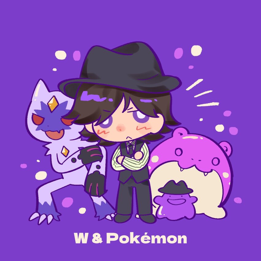 1boy, 2786867956wuyu, alternate_color, animification, black_hat, black_necktie, black_pants, black_shoes, black_vest, bright_pupils, brown_hair, closed_mouth, collared_shirt, commentary, crossed_arms, crossover, ditto, fangs, full_body, gen_1_pokemon, gen_3_pokemon, hat, hidari_shoutarou, highres, hisuian_sneasel, kamen_rider, kamen_rider_w, long_sleeves, looking_at_viewer, male_focus, necktie, nintendo, notice_lines, pants, pokemon, pokemon_(creature), purple_background, purple_eyes, shiny_pokemon, shirt, shoes, short_hair, simple_background, spheal, standing, vest, white_pupils