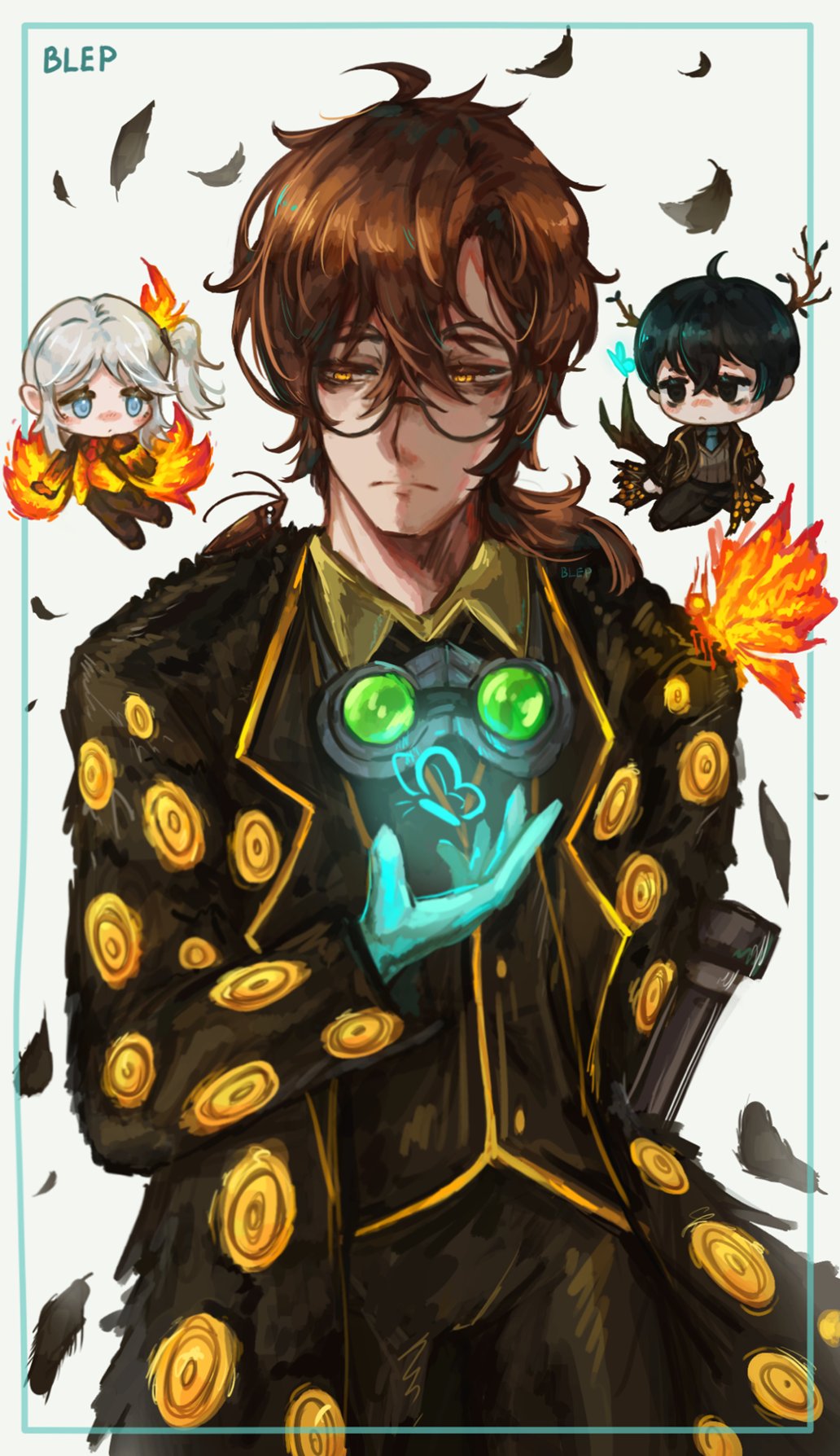 1girl, 2boys, :<, animal, animal_on_shoulder, aqua_gloves, ardor_blossom_moth, ardor_blossom_star_(e.g.o)