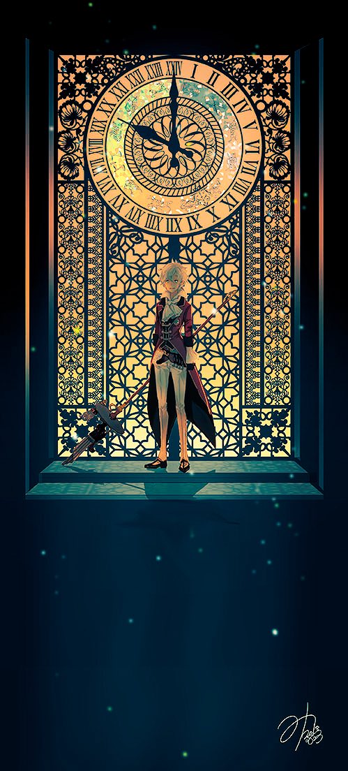 1boy, amadeus_mozart_(grimms_notes), amadeus_mozart_(original)_(grimms_notes), bad_id, bad_pixiv_id, black_gloves, black_shoes, clock, closed_mouth, coat, full_body, gloves, grimms_notes, holding, holding_staff, looking_at_viewer, male_focus, misoshiru_umai4, neckerchief, pants, red_coat, shadow, shoes, short_hair, signature, smile, solo, staff, standing, white_hair, white_neckerchief, white_pants