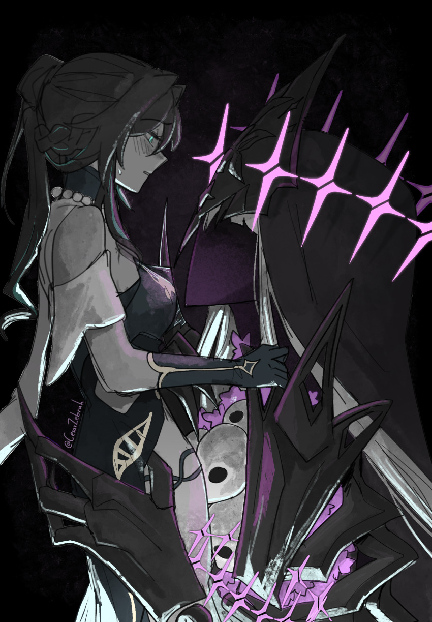 2girls, artist_name, black_hair, blue_eyes, cesar_zebrah, chinese_clothes, commentary, english_commentary