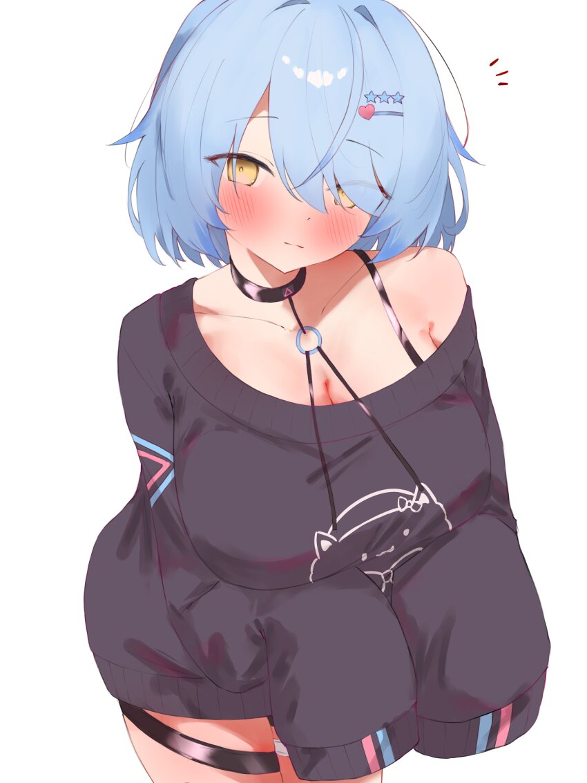 1girl, absurdres, black_choker, black_shirt, blue_hair, breasts, choker, cleavage