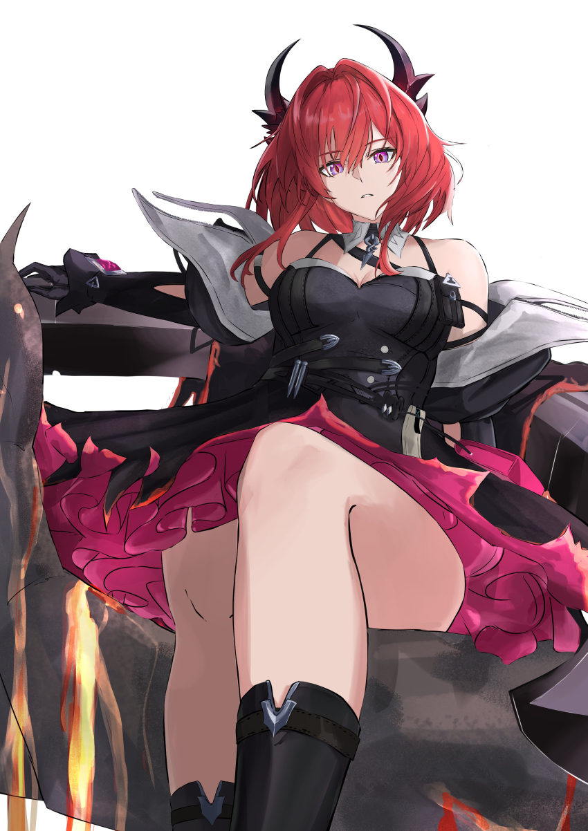 1girl, absurdres, arknights, arknights:_endfield, bare_shoulders, black_boots, black_dress, black_horns