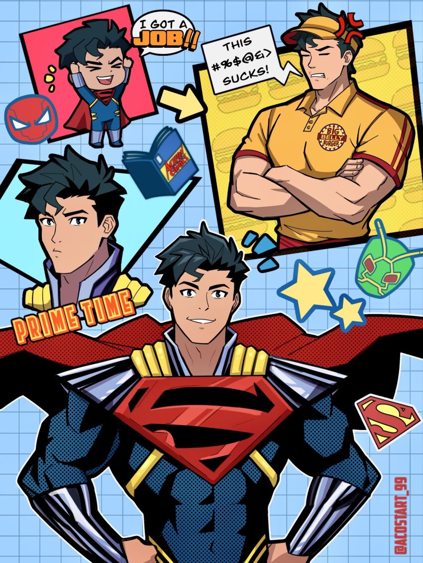 1boy, abs, black_hair, blue_eyes, bodysuit, cape, clark_kent, commentary, dc_comics, english_commentary, highres, kristian_acosta, male_focus, multicolored_bodysuit, muscular, muscular_male, pectorals, red_cape, short_hair, superboy-prime, superhero_costume, superman_(series), superman_logo, taut_bodysuit, two-tone_bodysuit, western_comics_(style)