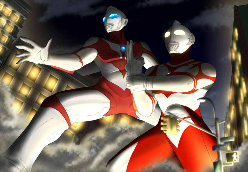 2boys, alien, blue_eyes, building, city_lights, color_timer, colored_skin, commentary_request