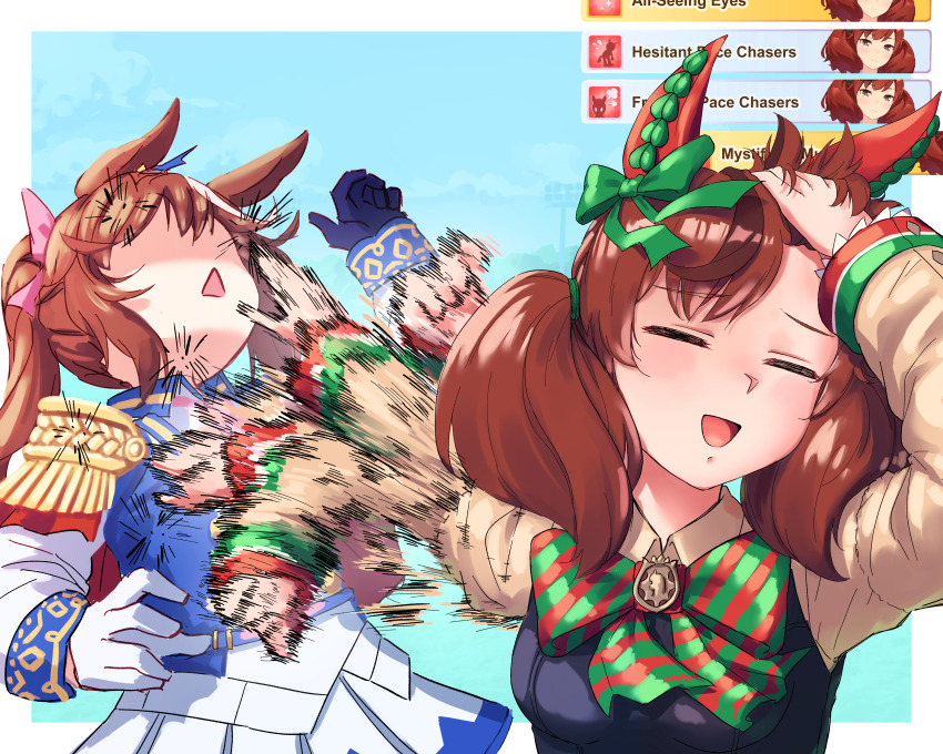 1girl, 2girls, =_=, absurdres, animal_ears, blush, breasts, brown_hair, commentary, commentary_request, gameplay_mechanics, hair_between_eyes, hair_ornament, highres, horse_ears, horse_girl, long_hair, medium_breasts, meme, multiple_girls, naoya_hitting_choso_without_looking_(meme), nice_nature_(umamusume), open_mouth, parody, portrait, ribbon, ryan_(ritenichi), simple_background, tokai_teio_(umamusume), umamusume