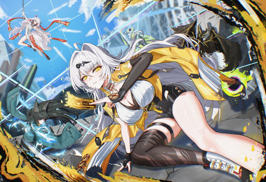 3girls, absurdres, animal_ear_fluff, animal_ears, antenna_hair, asymmetrical_gloves, battle, bird