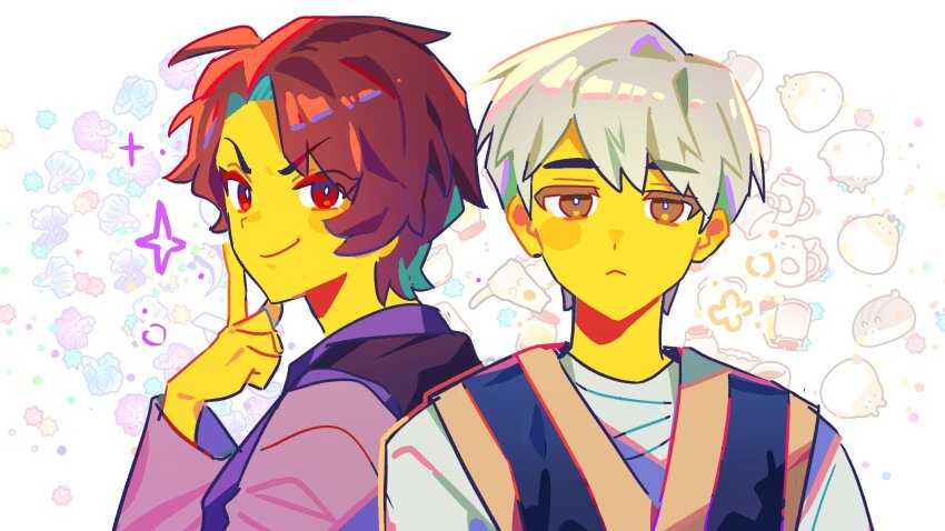 2boys, animification, bright_pupils, brothers, brown_eyes, brown_hair, closed_mouth, colored_eyelashes