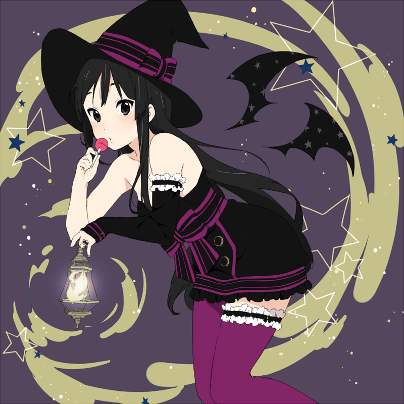 1girl, akiyama_mio, arm_garter, asymmetrical_legwear, bare_shoulders, black_dress, black_eyes, black_gloves, black_hair, candy, dress, elbow_gloves, female_focus, food, frilled_thigh_strap, gloves, halloween, hat, holding, k-on!, kishida_nica, lantern, lollipop, long_hair, mismatched_legwear, pantyhose, purple_thighhighs, short_dress, single_glove, single_leg_pantyhose, single_thighhigh, sleeveless, solo, strapless, strapless_dress, thigh_strap, thighhighs, uneven_legwear, wings, witch_hat, zettai_ryouiki