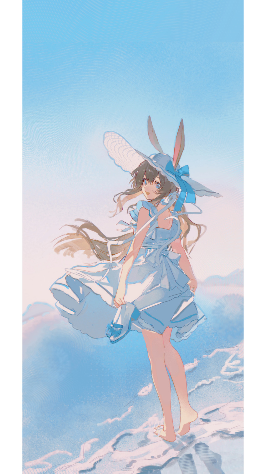 1girl, absurdres, amiya_(arknights), animal_ears, arknights, barefoot, beach, blue_eyes