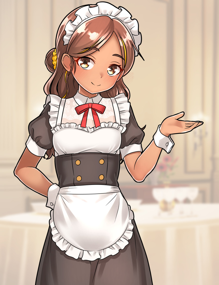 1girl, absurdres, apron, black_dress, brown_hair, closed_mouth, commentary_request, dark-skinned_female