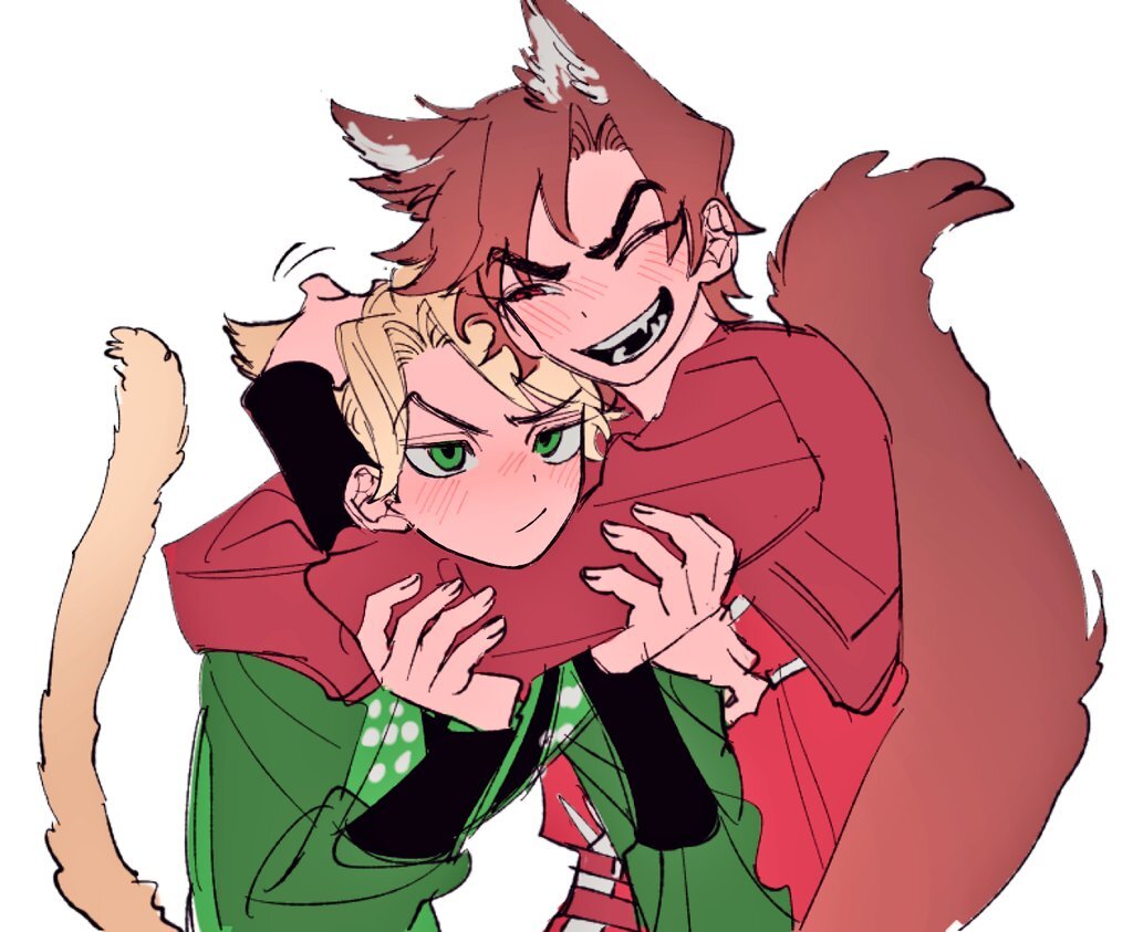 2boys, ^_^, animal_ear_fluff, animal_ears, animification, arms_around_neck, blonde_hair, blush